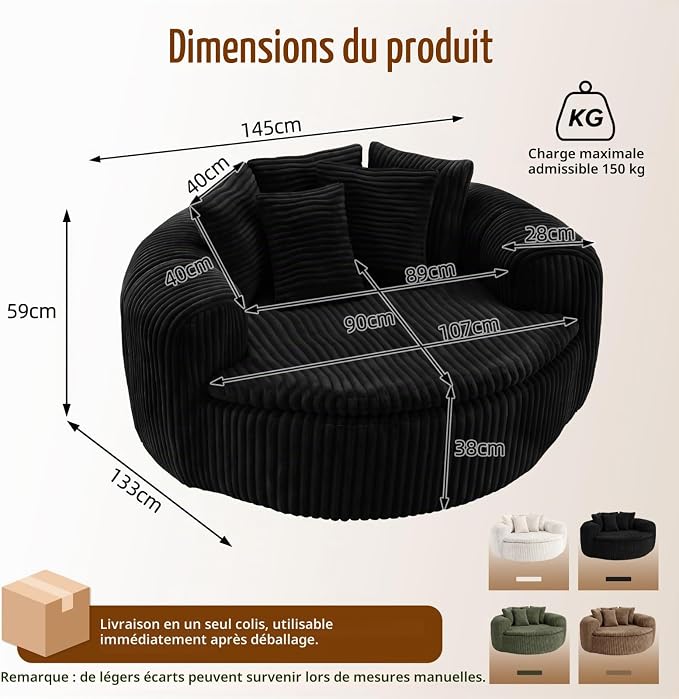 Canapé Rond en Velours Côtelé avec Accoudoirs et 5 Coussins