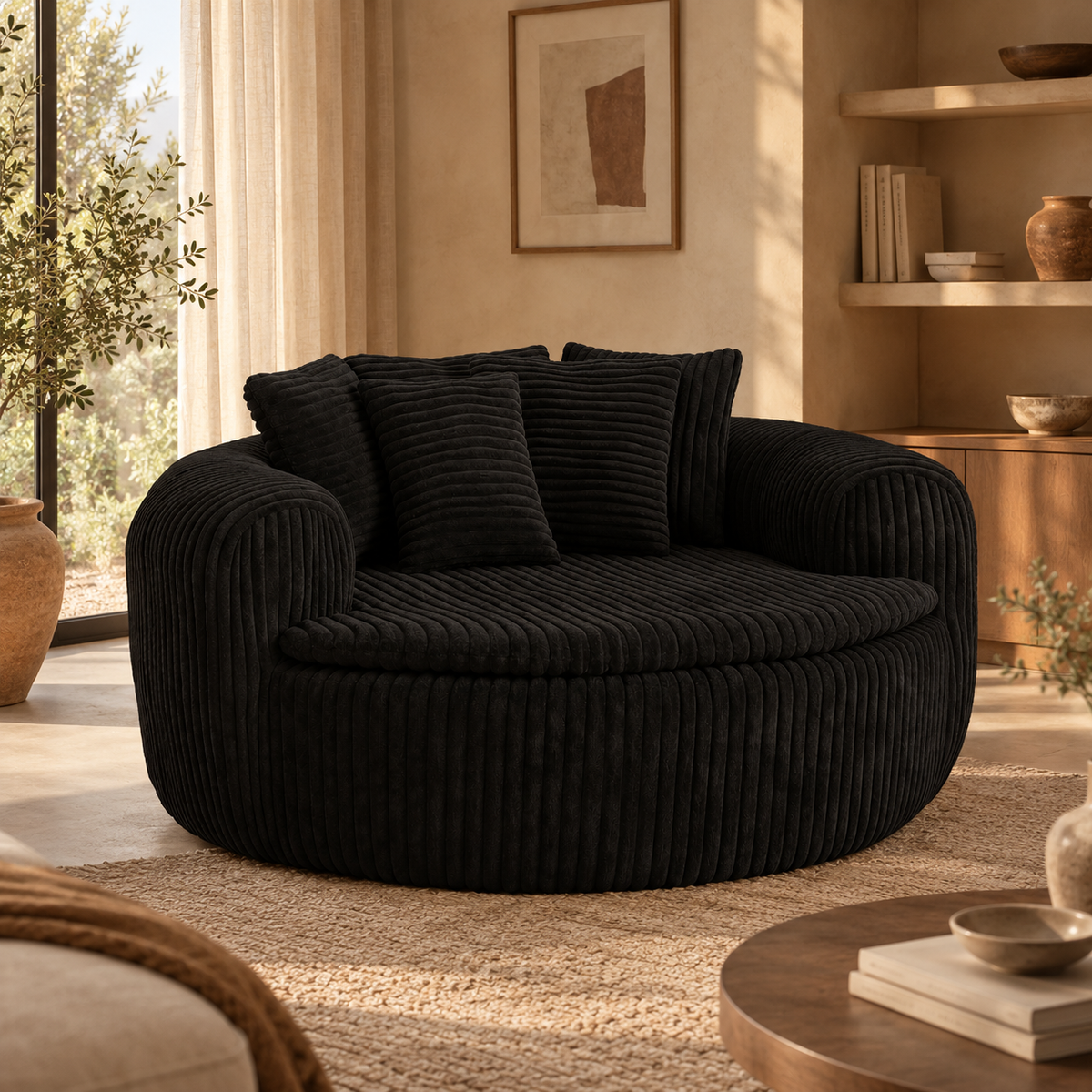 Canapé Rond en Velours Côtelé avec Accoudoirs et 5 Coussins