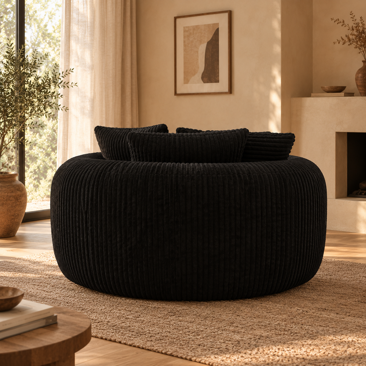 Canapé Rond en Velours Côtelé avec Accoudoirs et 5 Coussins