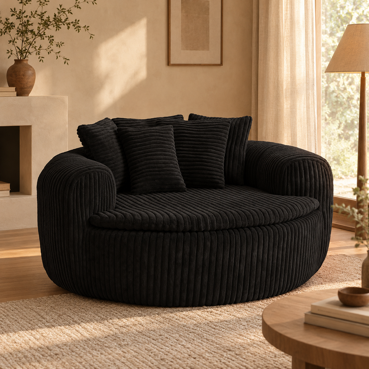 Canapé Rond en Velours Côtelé avec Accoudoirs et 5 Coussins